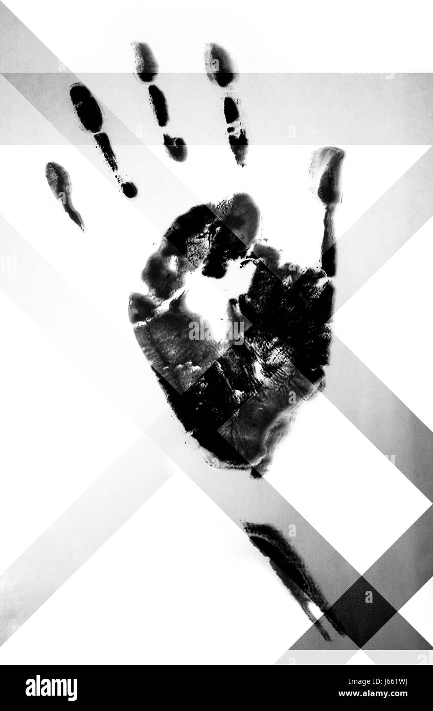 Black and white print of a human hand using black watercolour paints ...