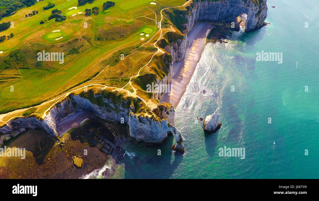 High angle view of the white chalk cliffs and the famous arches in Etretat, Normandy, France Stock Photo