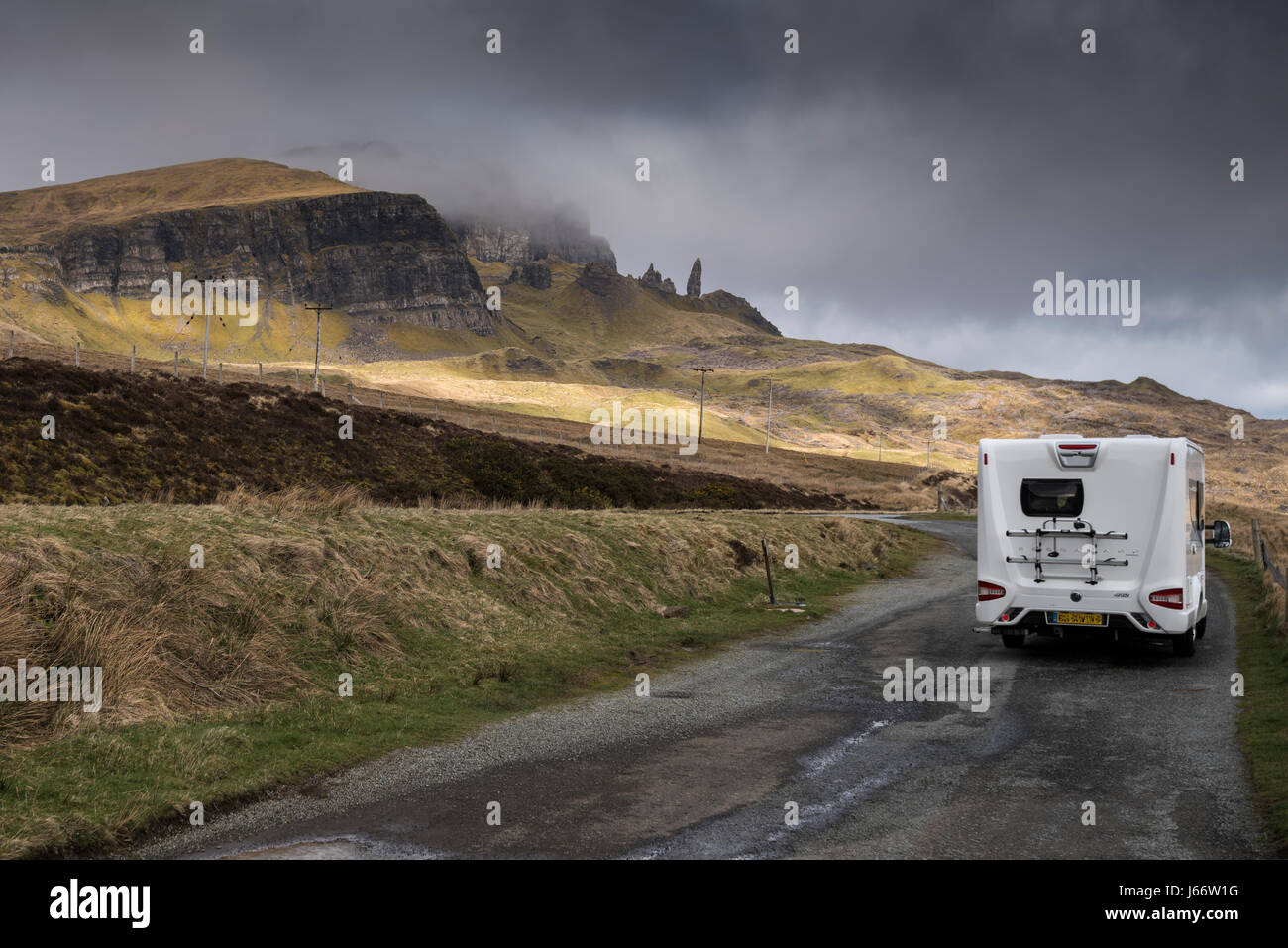 Motorhome parked in layby near to the Old Man of Storr, Trotternish, Isle of Skye, Scotland. Stock Photo