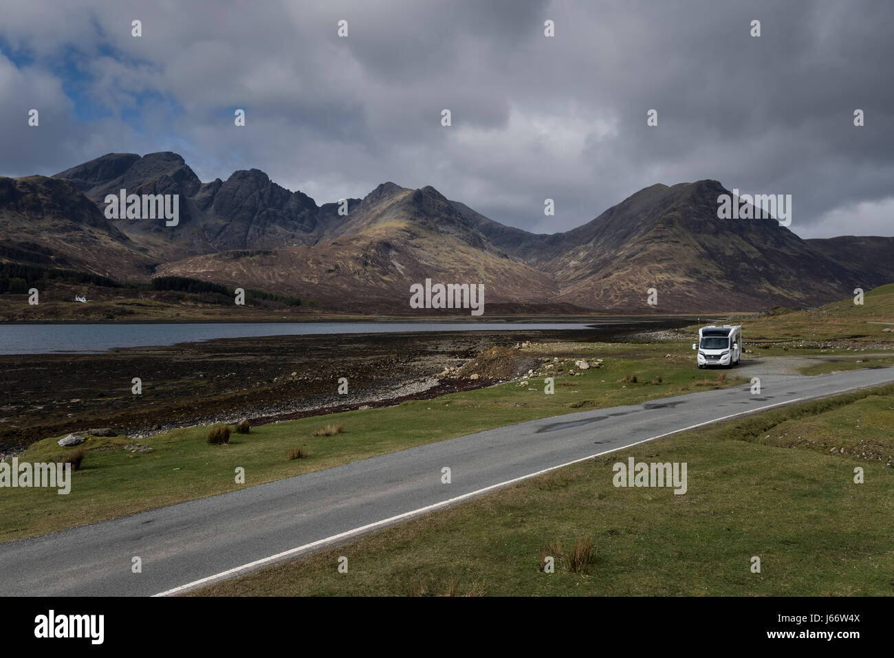 Isolated White Motorhome Parked In Layby By The Side Of Loch Slapin Near Torrin On The Isle Skye Scotland Stock Photo Alamy
