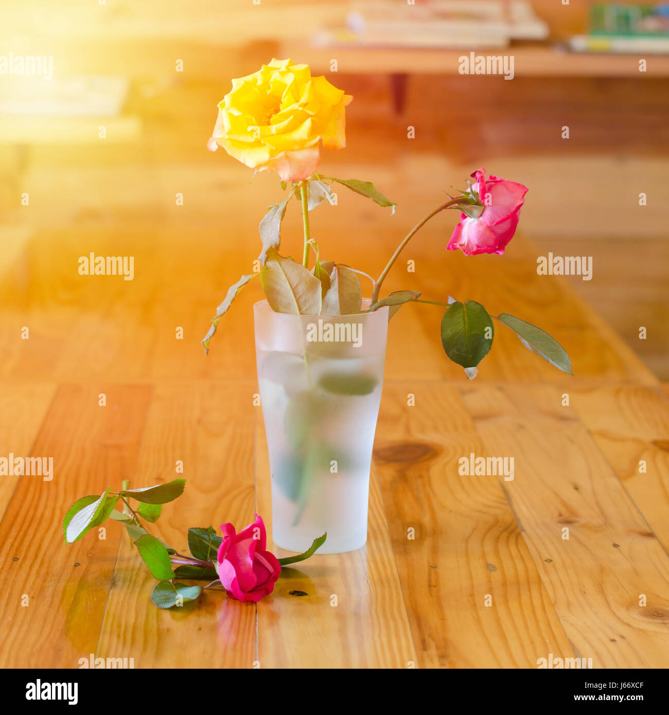 Withered rose in glass vase on wooden table Stock Photo - Alamy