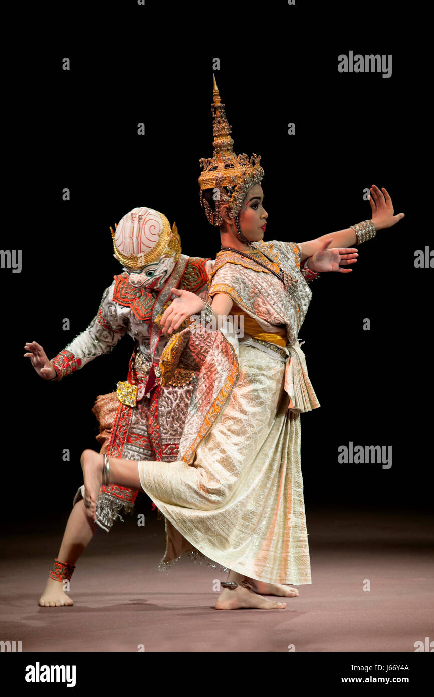 BANGKOK THAILAND - AUGUST 7 : Hanuman and lady fish Suphanmucha courtship scene in Khon playing one theme of great thai lliterature Ramayana on augus Stock Photo