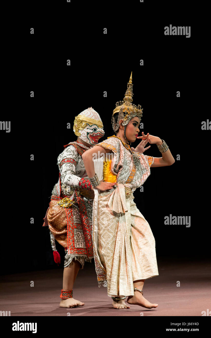 BANGKOK THAILAND - AUGUST 7 : Hanuman and lady fish Suphanmucha courtship scene in Khon playing one theme of great thai lliterature Ramayana on augus Stock Photo