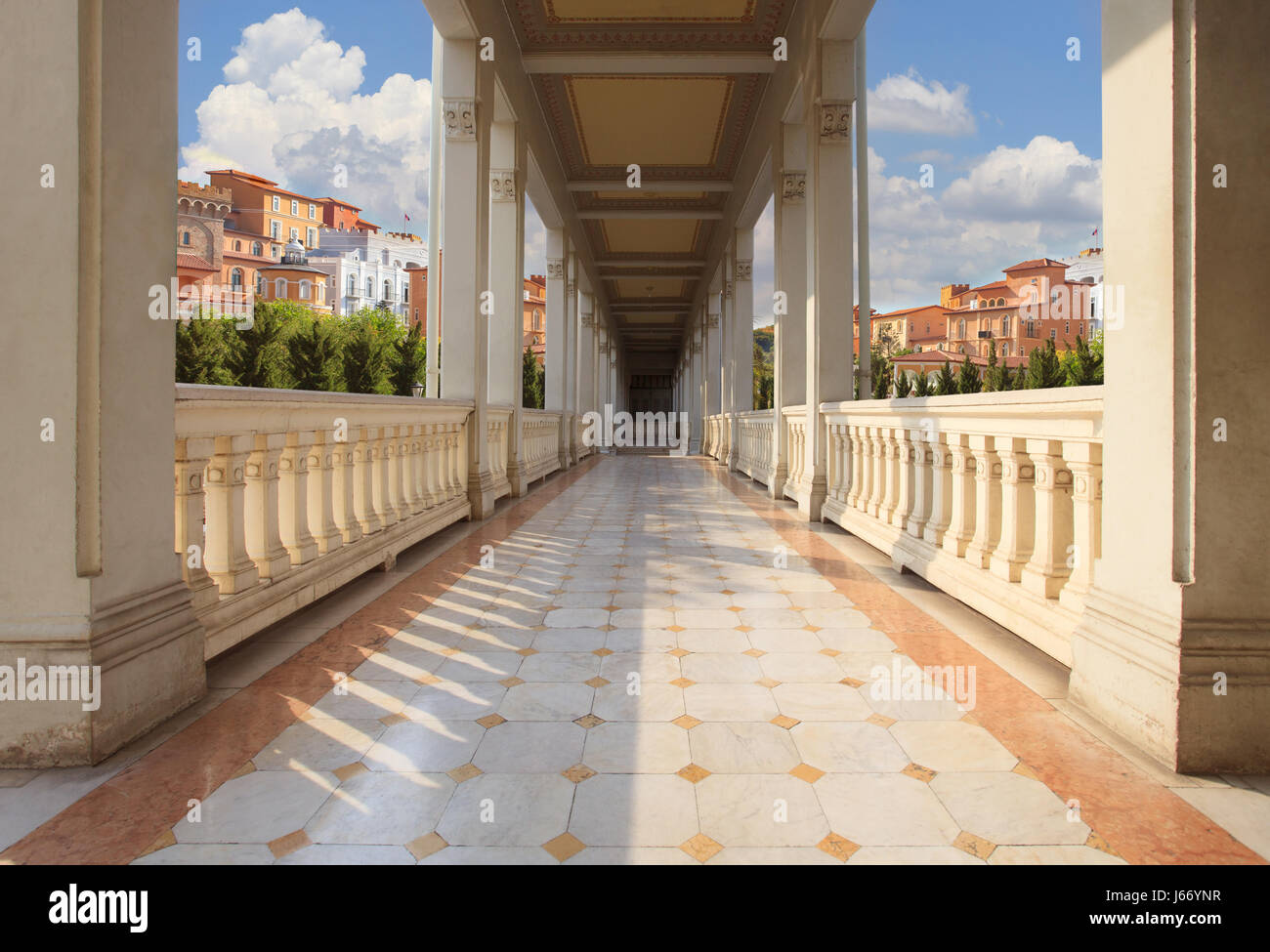 retouching of perspective walking way of old and ancient building against europain building style background Stock Photo