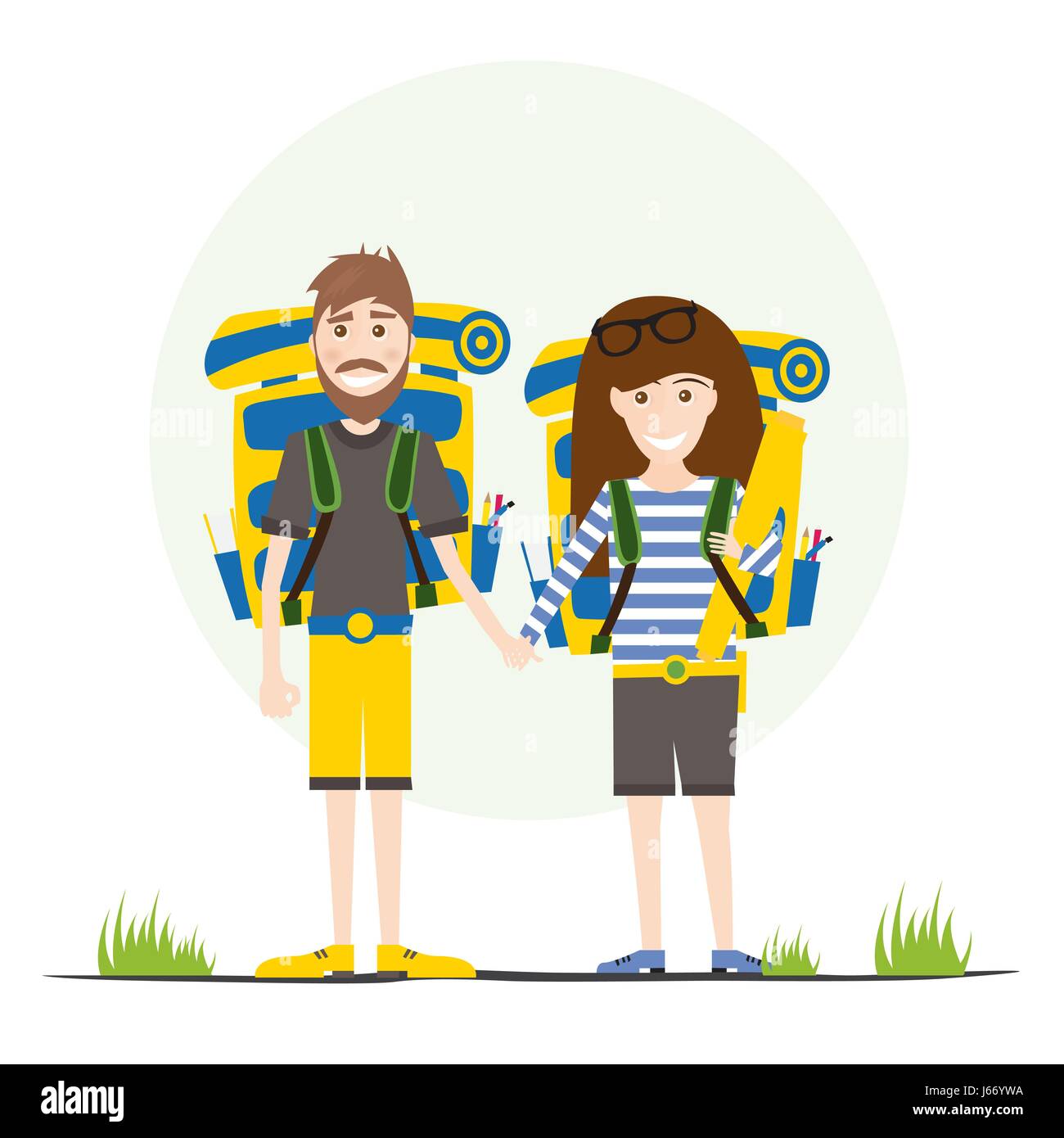 Tourists with Backpacks Isolated on White. Vector Illustration. Stock Vector