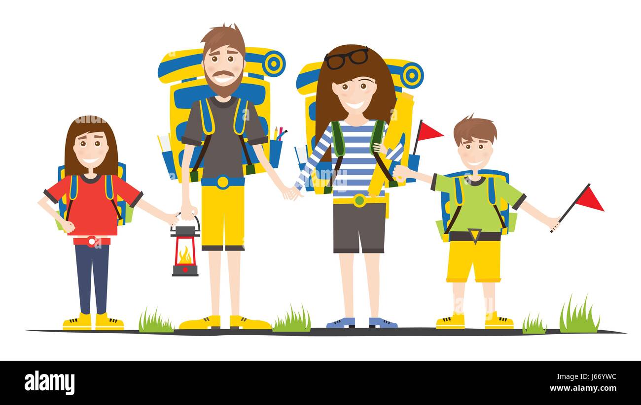 Tourists with Backpacks Isolated on White. Camping Family. Vector Illustration. Stock Vector