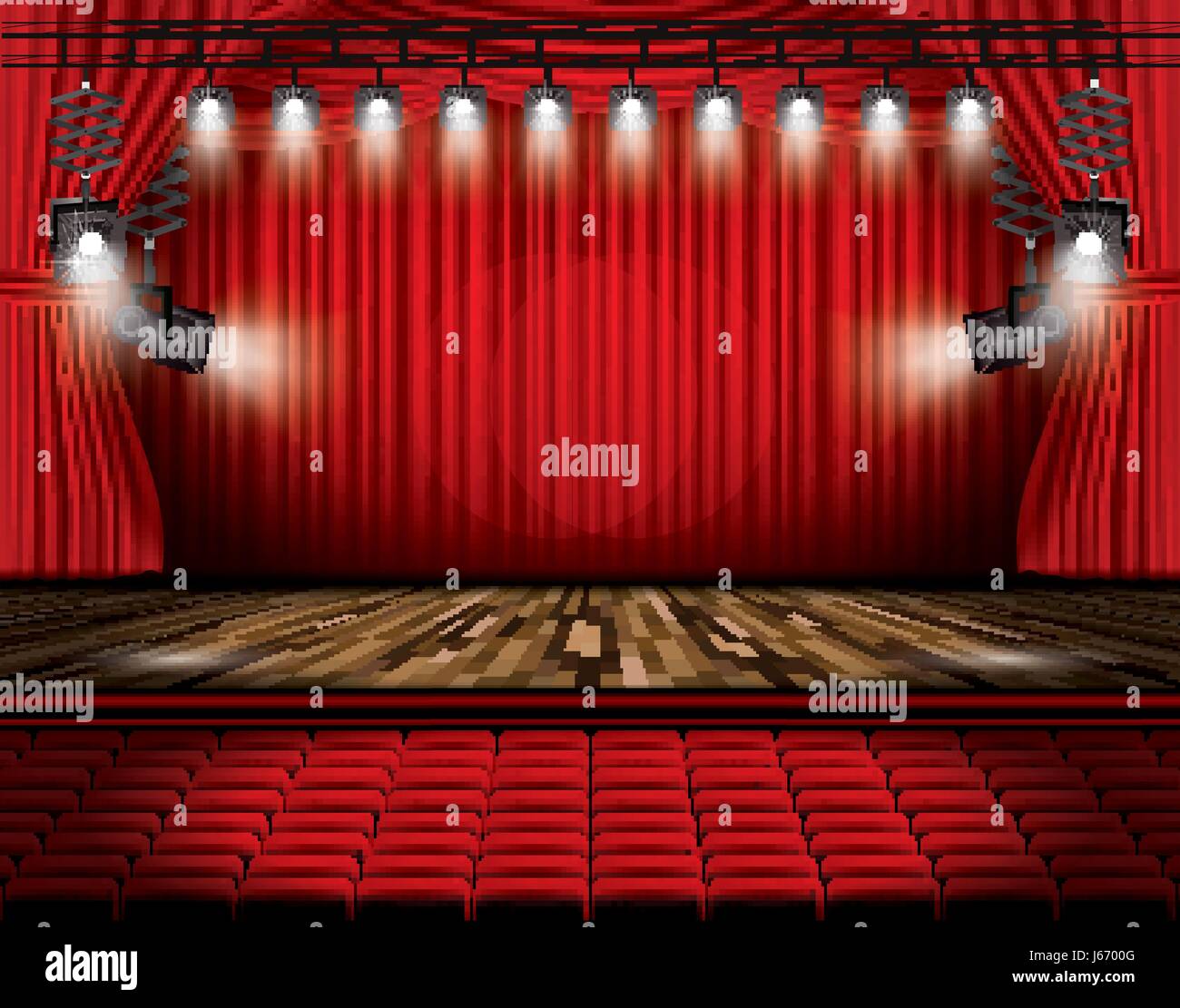 Red Stage Curtain with Spotlights, Seats and Copy Space. Vector