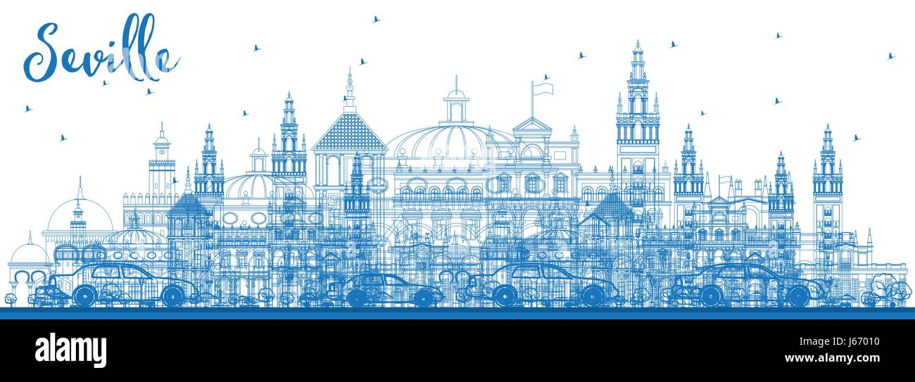 Outline Seville Skyline with Blue Buildings. Vector Illustration. Business Travel and Tourism Concept with Historic Buildings. Stock Vector