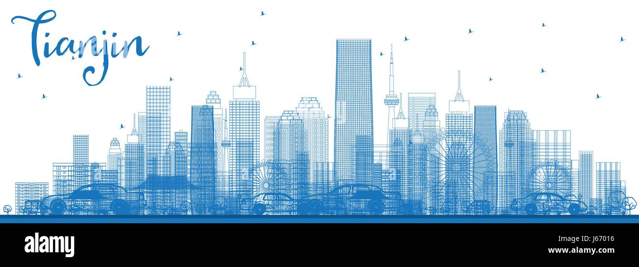 Outline Tianjin Skyline with Blue Buildings. Vector Illustration. Business Travel and Tourism Concept with Modern Buildings. Stock Vector