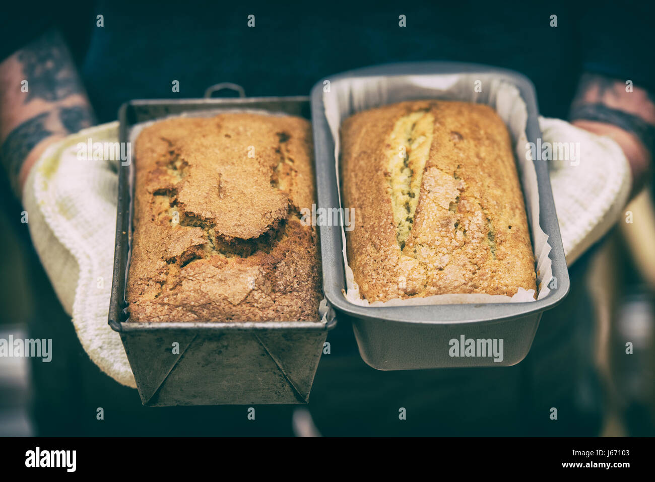 Baked banana cakes of which one is gluten free and the other is a regular bake. Applied vintage filter Stock Photo