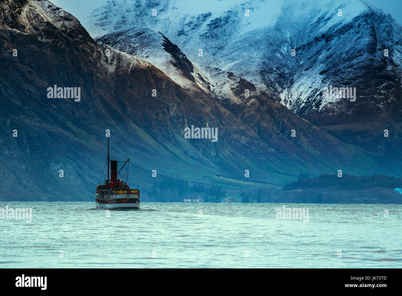 beautiful scenic of old steam engine boat in wakatipu lake queenstown