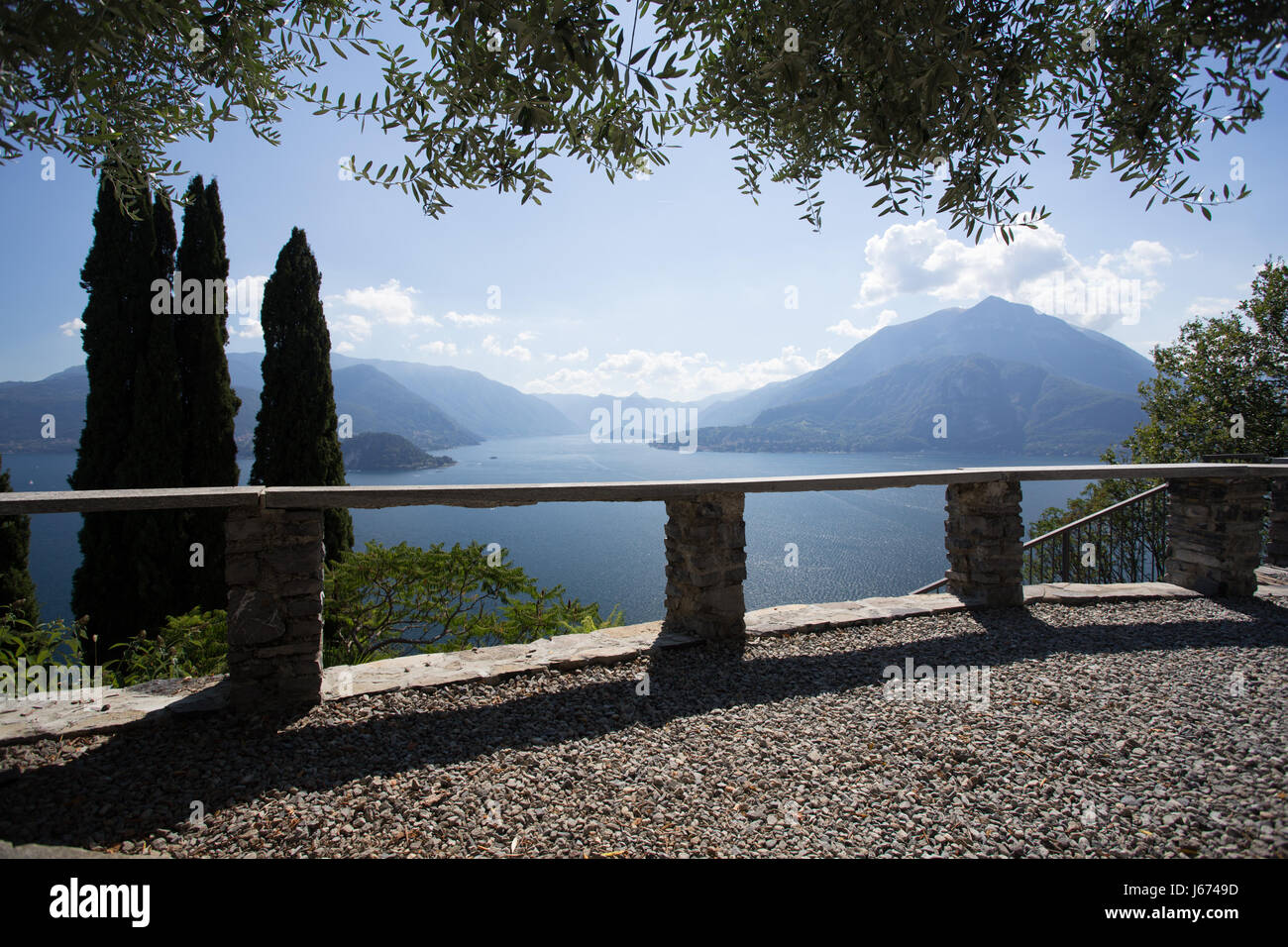 High Angle Panoramic View of Lake Como Towards Bellagio and Lenno from Castle Vezio, Varenna, Lombardy, Italy Stock Photo