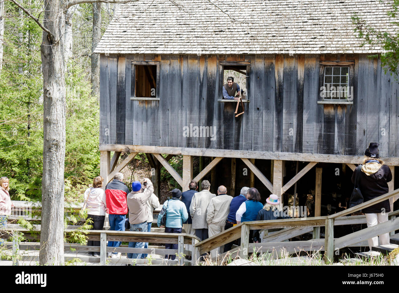 Michigan,MI,Mich,Upper Midwest,Mackinaw City,Mackinac State historic Parks Park,historic Mill Creek water Discovery Park,Water powered Sawmill,demonst Stock Photo