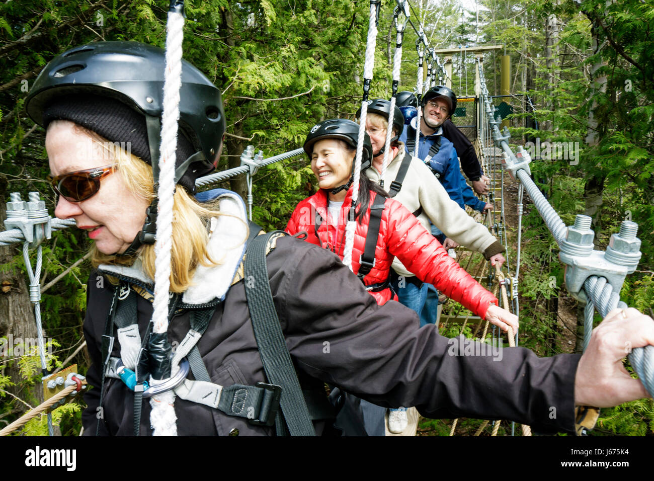 Michigan Mackinaw City,Mackinac State historic Parks Park,historic Mill Creek Discovery Park,Forest Canopy Bridge,zip line safety equipment,helmet,Asi Stock Photo