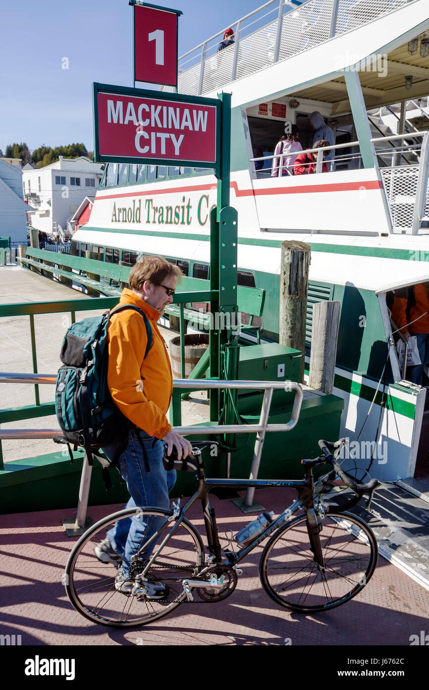 Mackinac Island Michigan,Historic State Parks Park Mackinaw,Straits of,Lake Huron,Arnold Line Ferry Dock,Arnold Transit Company,catamaran to Mackinaw Stock Photo