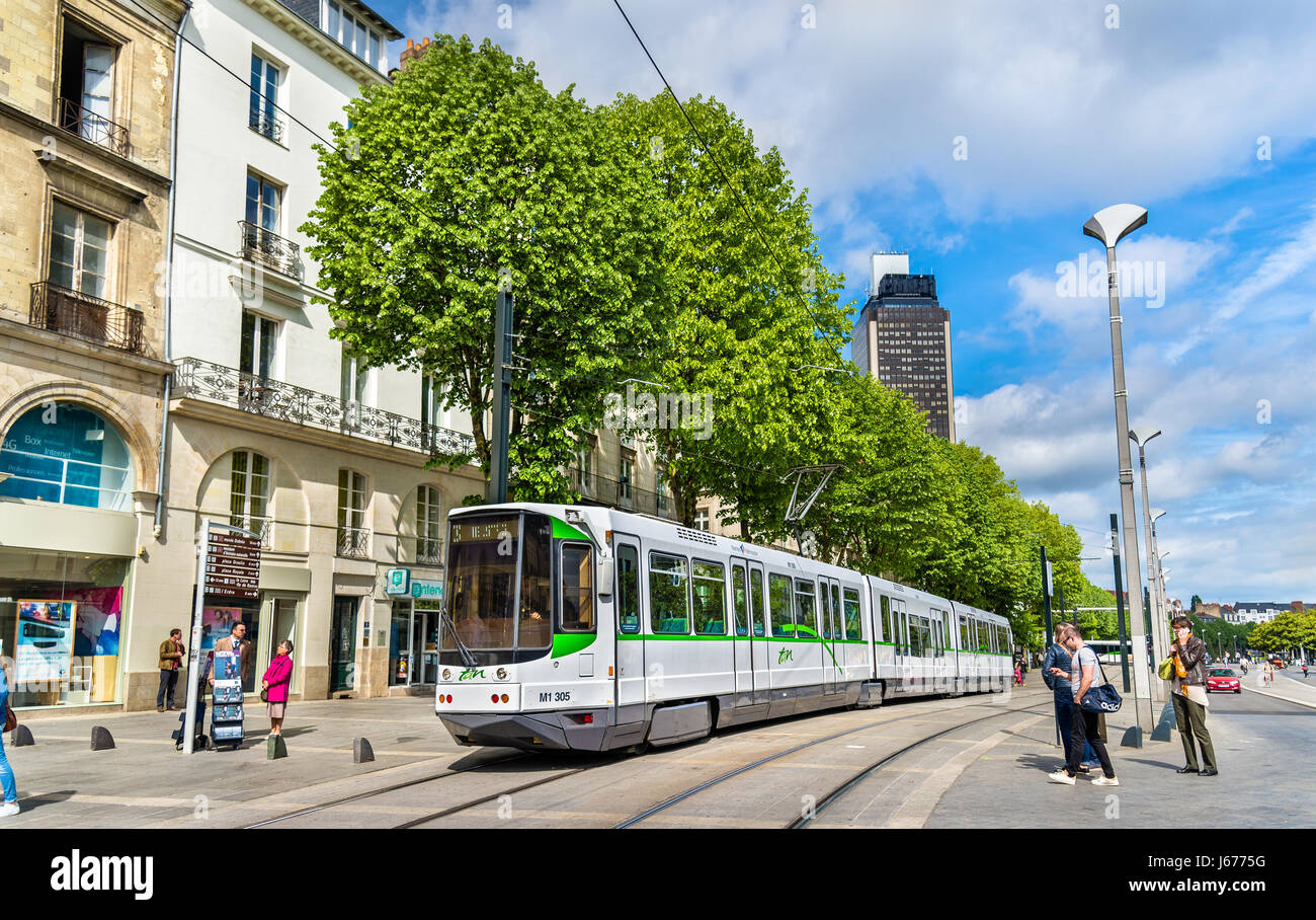 Modern tram in the centre of Nantes - France Stock Photo
