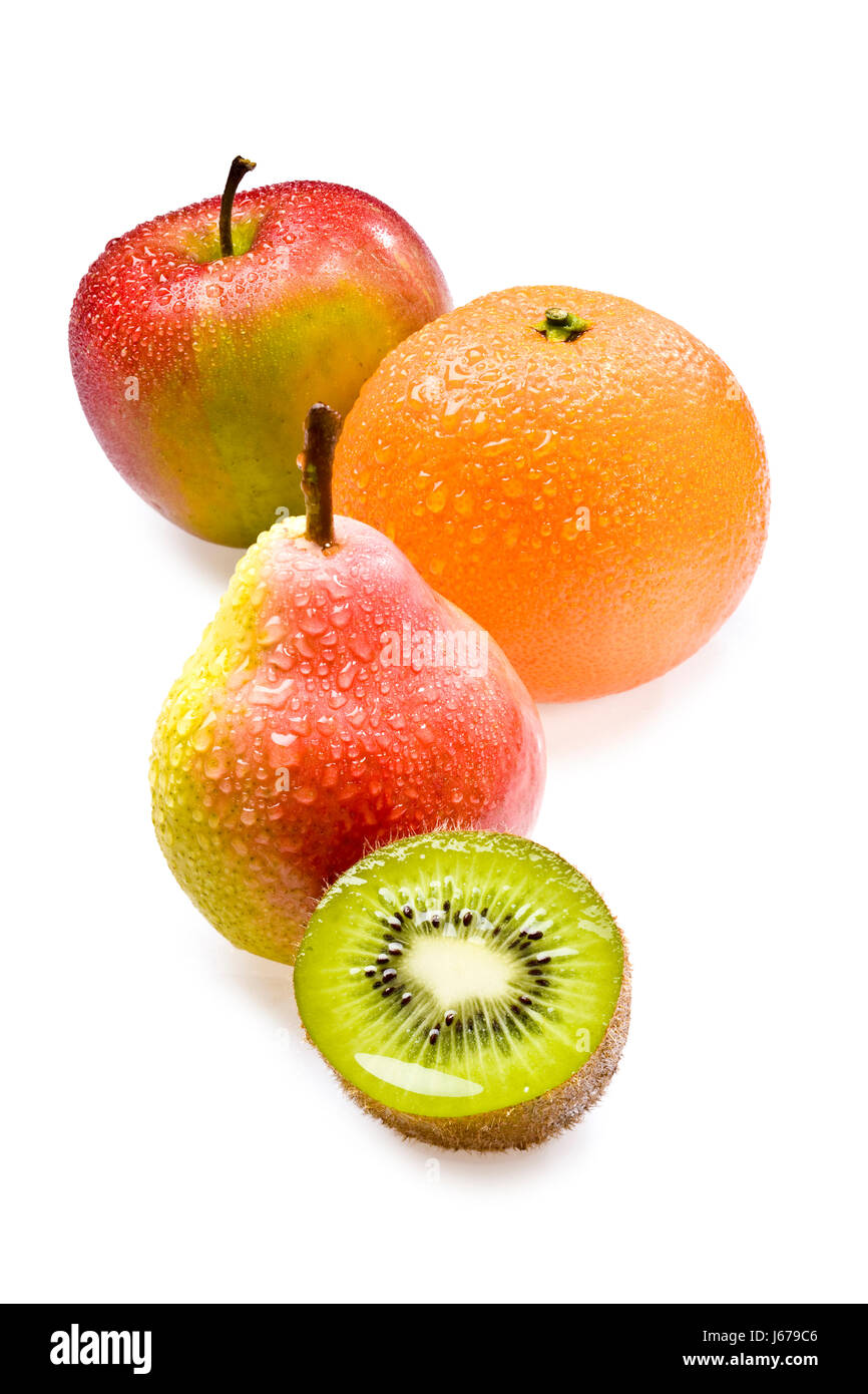 half a kiwi fruit,pear,orange and apple Stock Photo