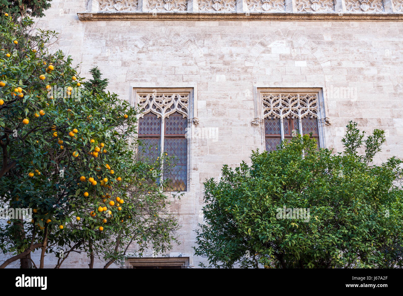 Amazing Silk Exchange buildings outside view. Valencia, Spain Stock