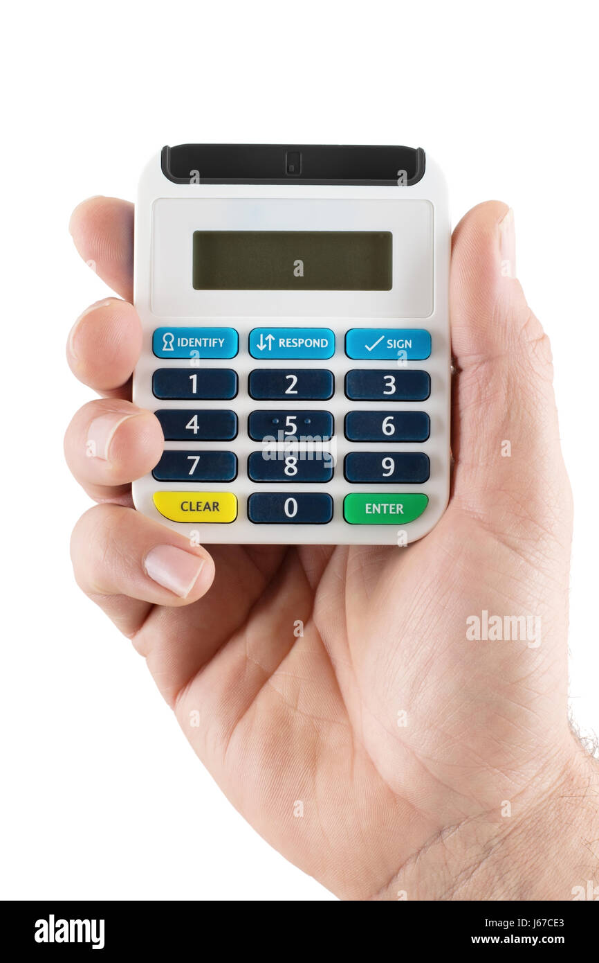 Single man's hand holding a pin card pinsentry reader to identify card user Stock Photo Alamy