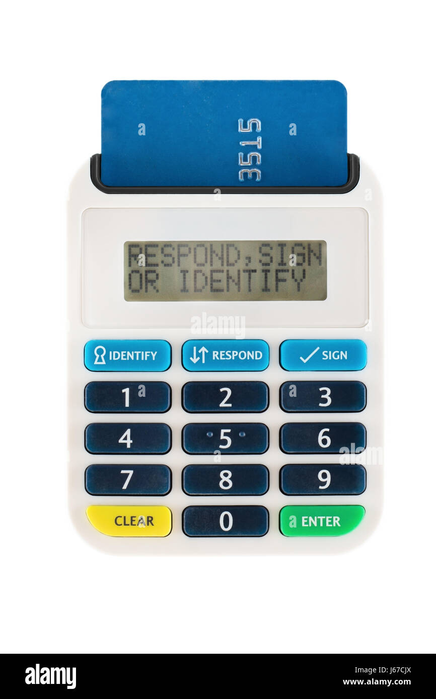 Pin card pinsentry reader to identify card user with credit card shown Stock Photo
