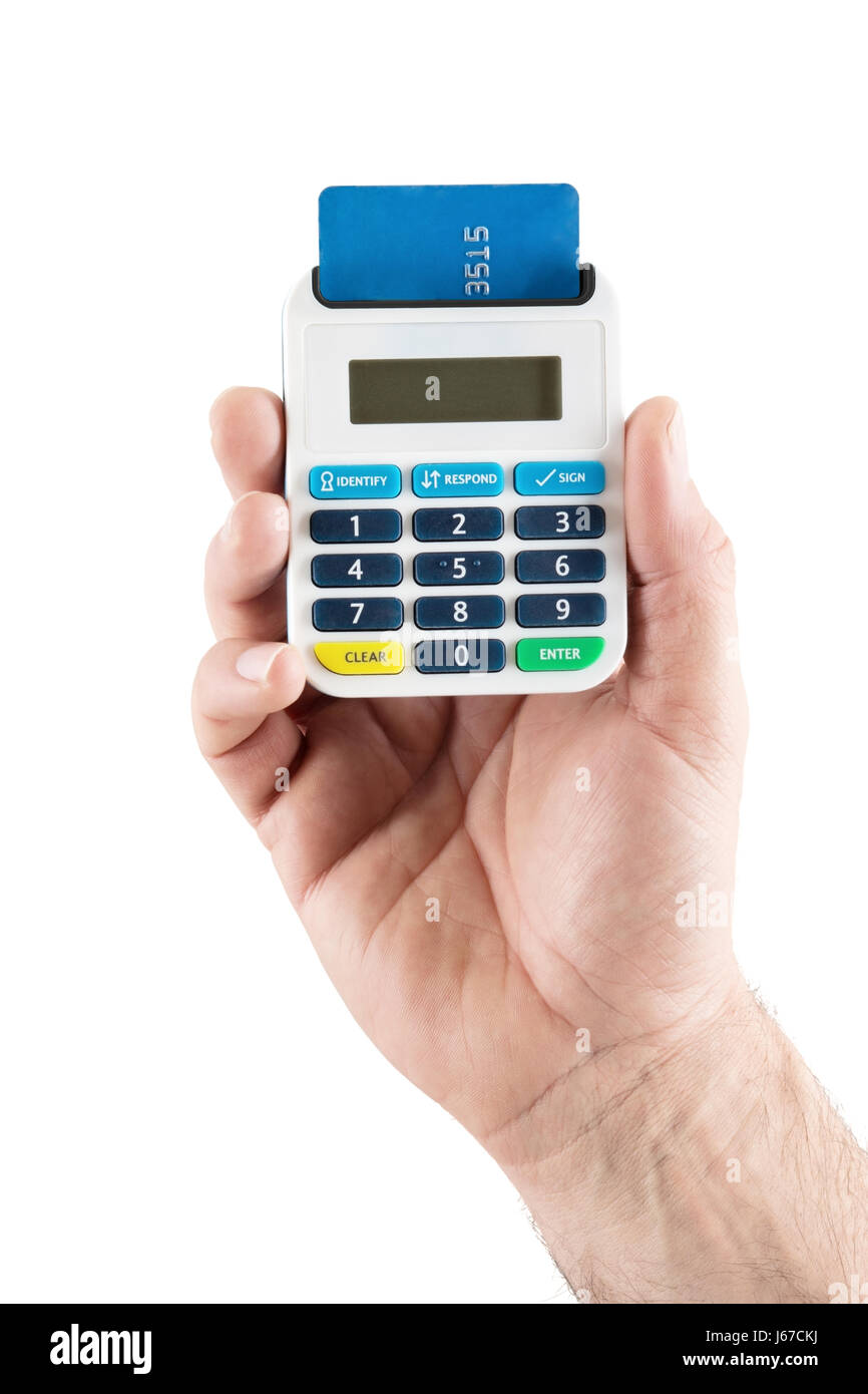 Single man's hand holding a pin card pinsentry reader to identify card user with credit card