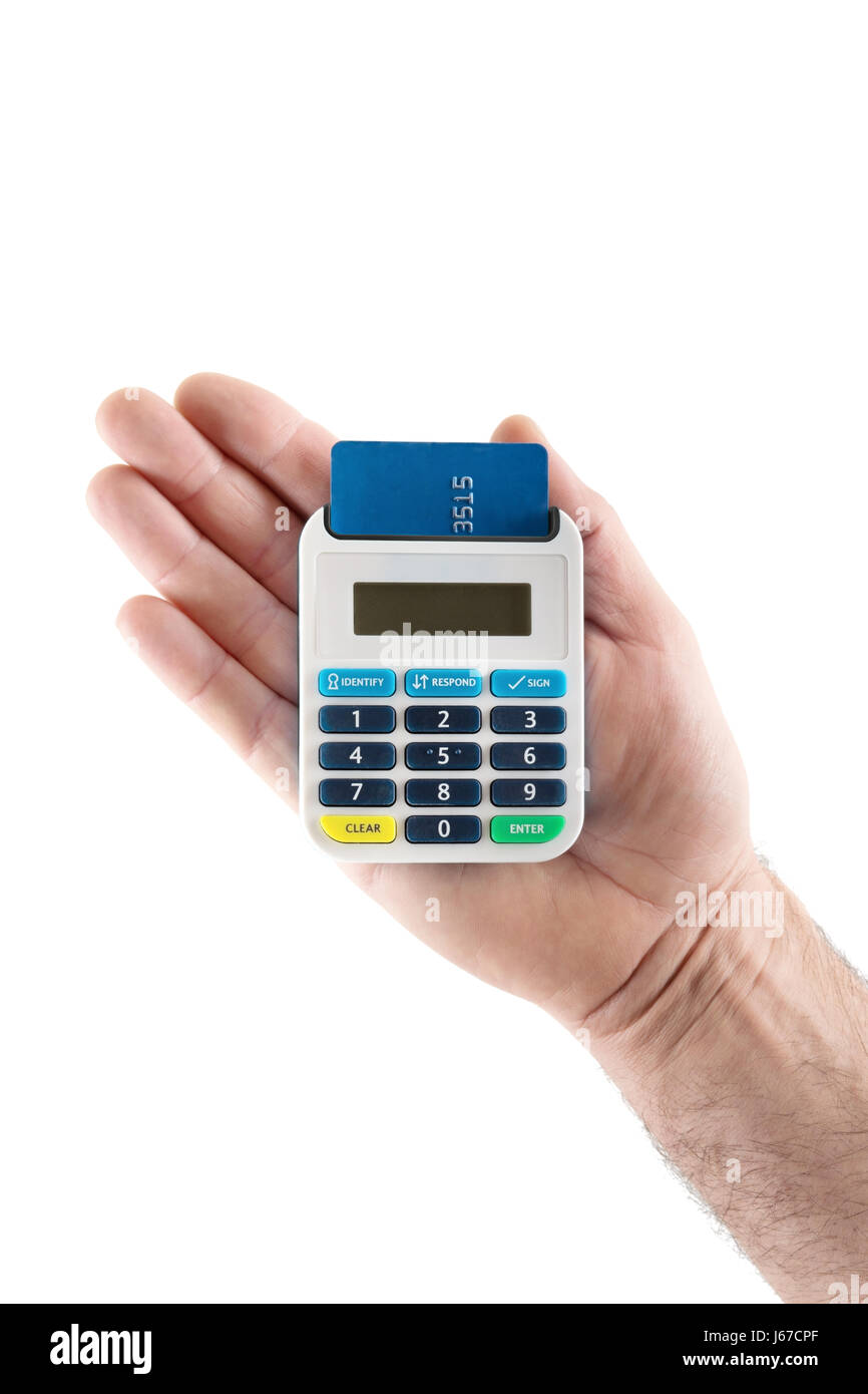 Single man's hand holding a pin card pinsentry reader to identify card user with credit card