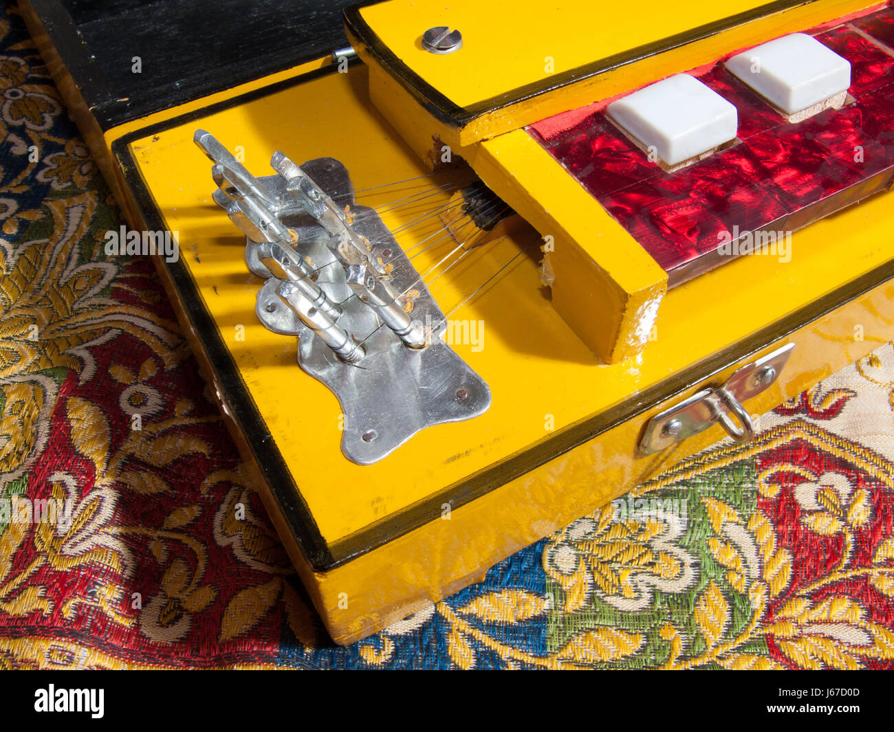 Close up of a yellow bulbul tarang also known as an Indian banjo or Japanese taishogoto. Stock Photo