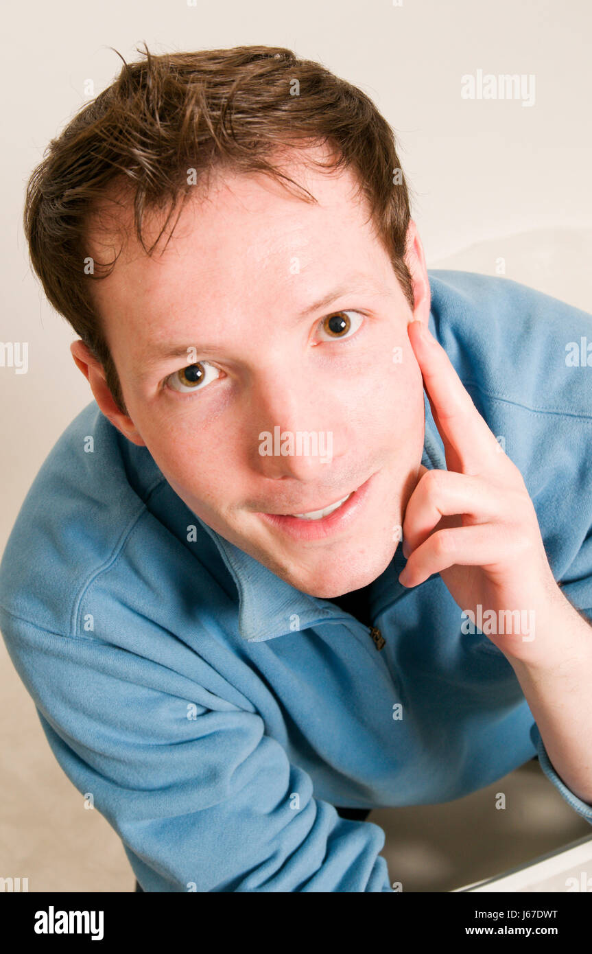 portrait person contented man laugh laughs laughing twit giggle smile smiling Stock Photo
