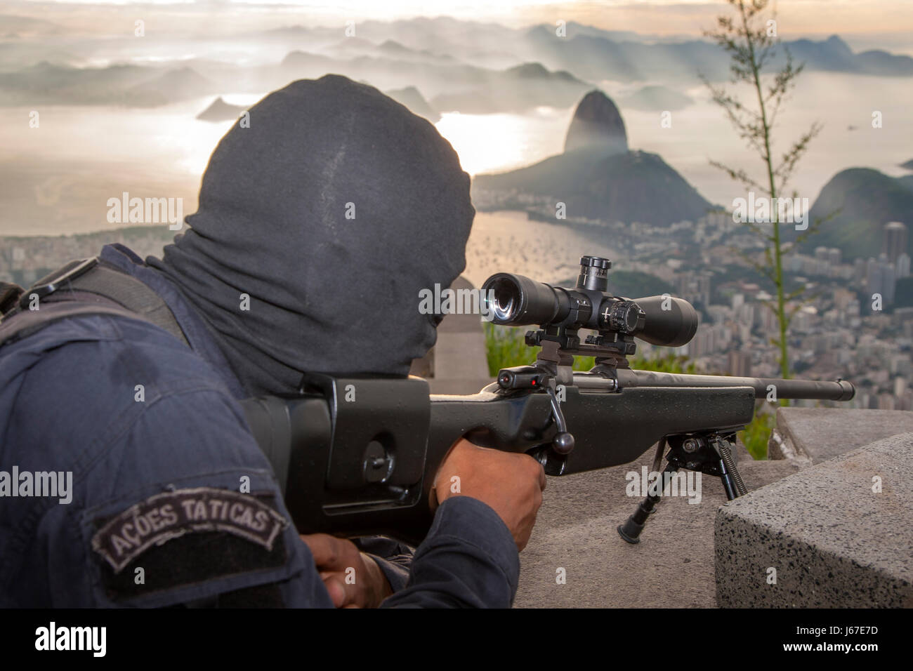 The Rio de Janeiro Special Police BOPE make a tactic training in the Christ the Redeemer one of the main tourist attraction in Rio de Janeiro, Brazil Stock Photo