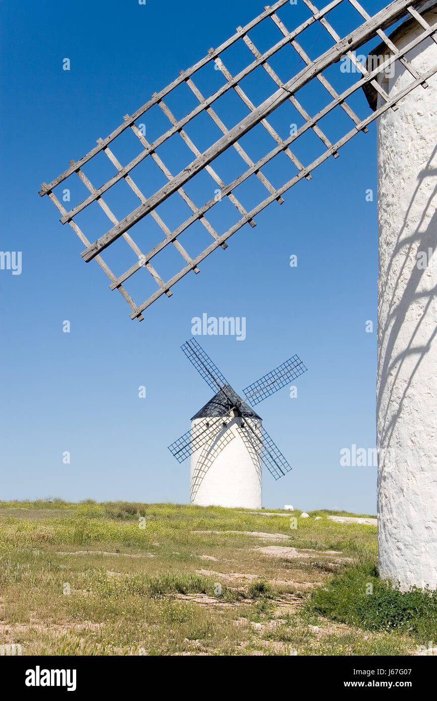 mills blades real white tourism europe spain real hills wind ciudad campo Stock Photo