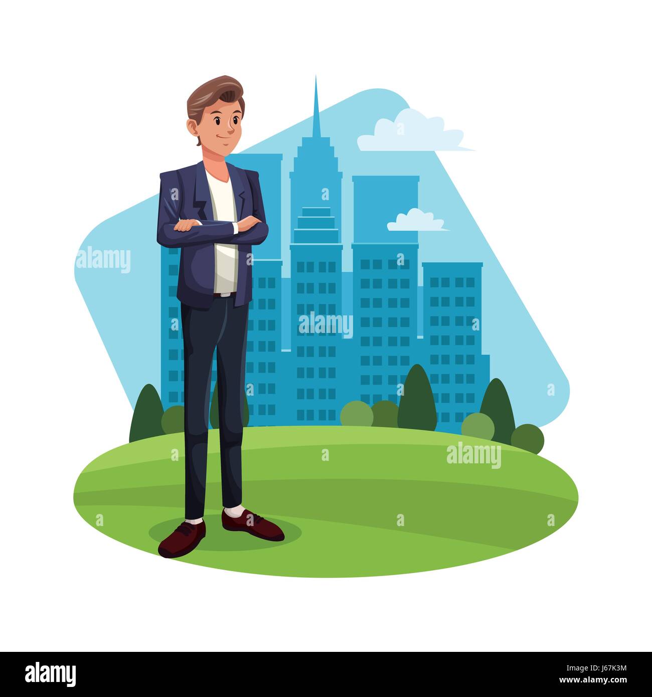 cartoon guy standing grass with city building background Stock Vector
