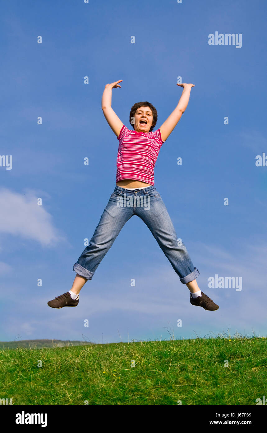 woman spring bouncing bounces hop skipping frisks jumping jump high