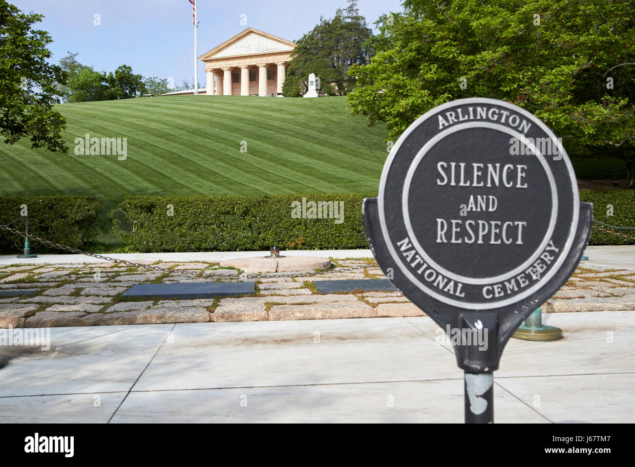 silence and respect sign in front of jfk John F, Kennedy gravesite and arlington house arlington cemetery Washington DC USA Stock Photo
