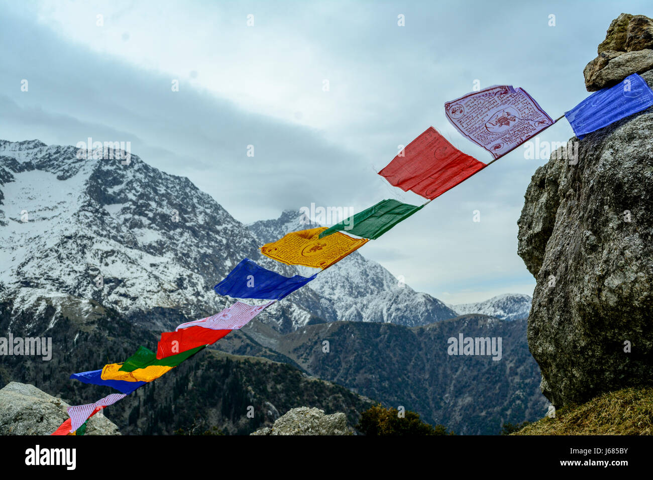 Tibetan prayer flags Triund Dharamsala India Stock Photo