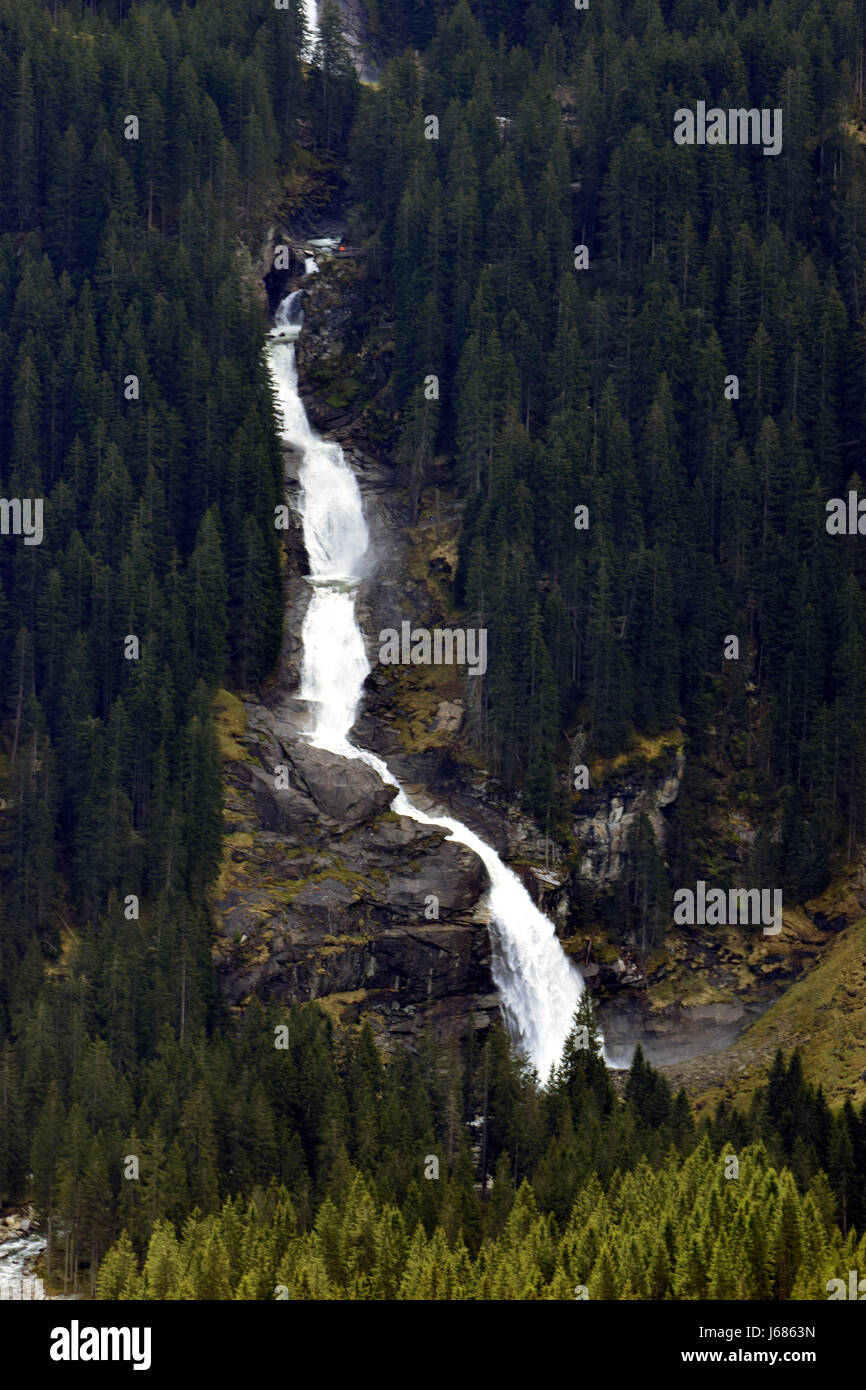 Krimml Waterfalls on Gerlos Pass, Austrian Alps, Austria. Krimmler is a tiered waterfall. In picture is the lowest part, a drop of 140 metres. Stock Photo