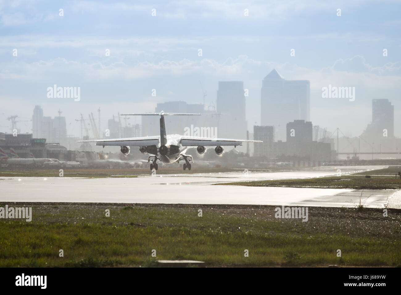 City Jet landing at London City Airport Stock Photo