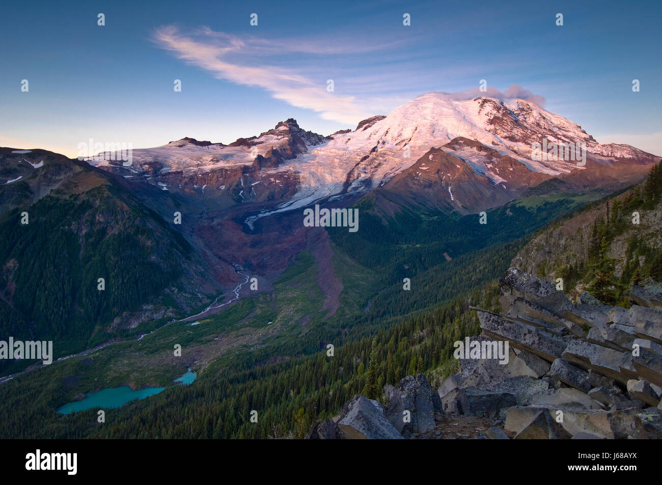 Mount Rainier and Glacier Basin from Glacier Overlook on Sunrise Rim Trail; Sunrise area, Mount Rainier National Park, Washington. Stock Photo