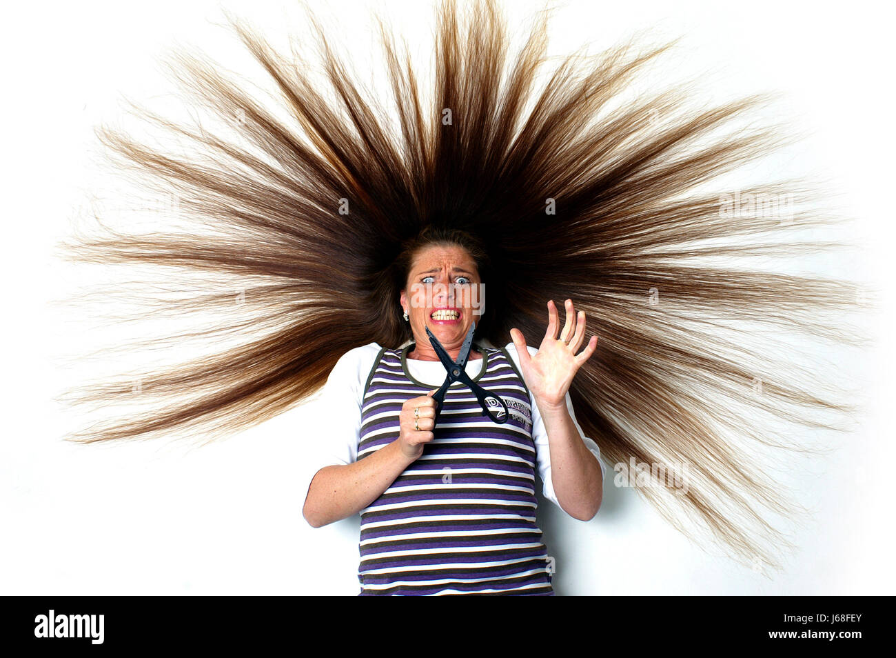 woman hairs fear long scissors scissor anxious afraid shouting shout