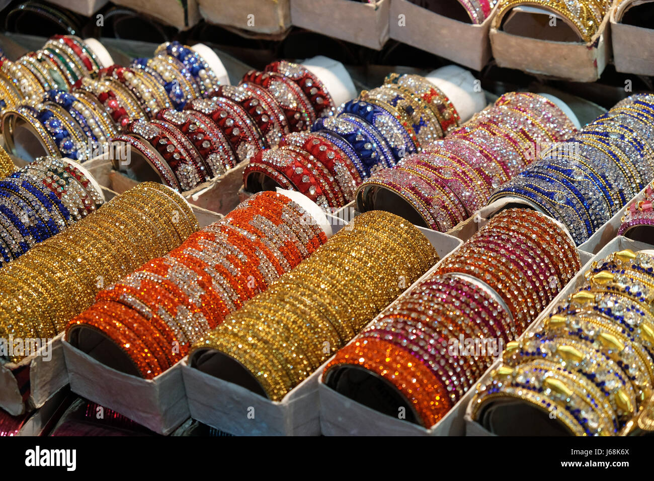 Traditional Indian bangles with different colors and patterns, Pushkar, India on February 10, 2016. Stock Photo