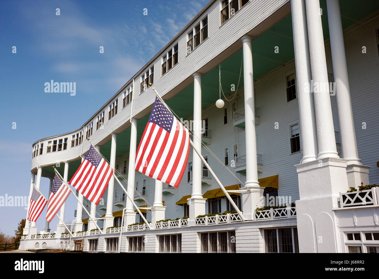 Mackinac Island Michigan,Historic State Parks Park Mackinaw,Straits of,Lake Huron,Grand,hotel,world's longest porch,built 1887,Victorian,columns,veran Stock Photo