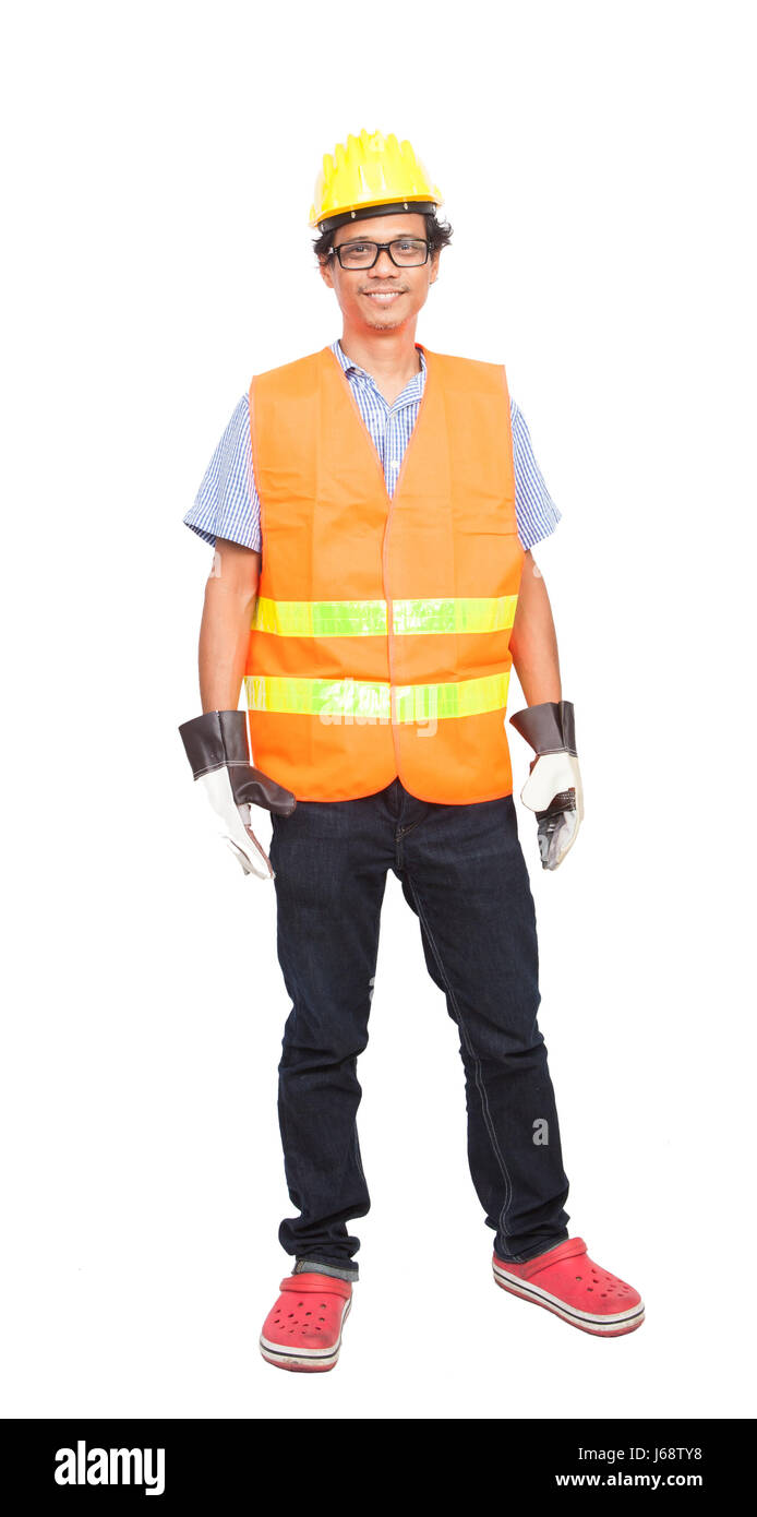 portrait of asian worker man wearing safety jacket hard hat and leather hand glove protection isolated white background Stock Photo