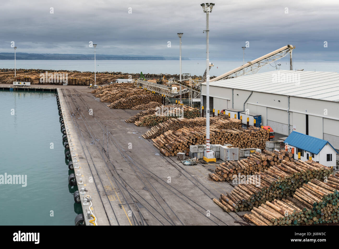 Napier, New Zealand - March 9, 2017: Overview of part of large timber harbor under cloudy sky. Heaps of brown tree trunks sawed at fixed length. Pacif Stock Photo