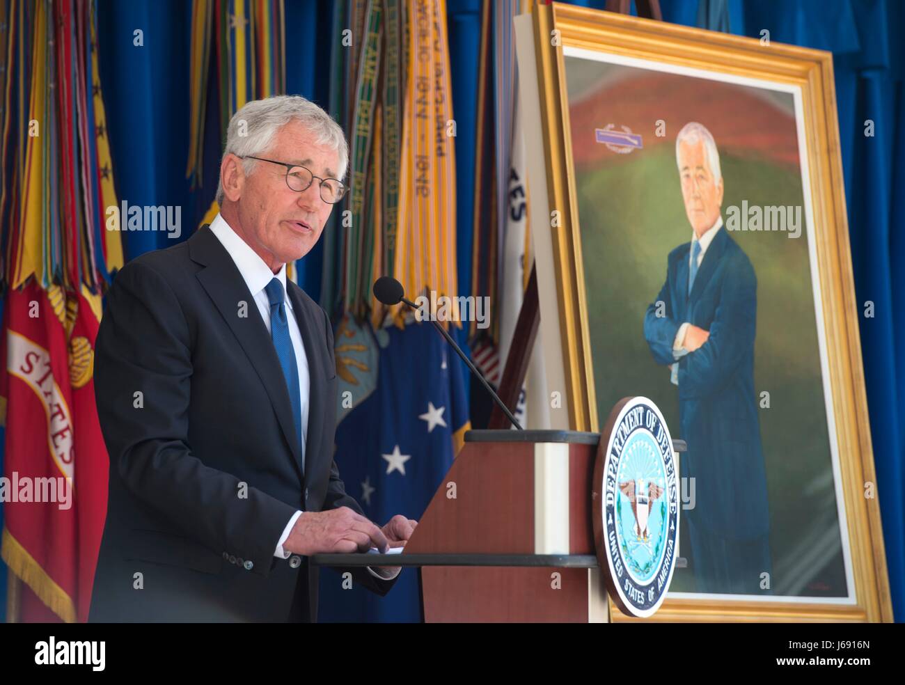 Former Secretary of Defense Chuck Hagel speaks during the unveiling ceremony for his official portrait at the Pentagon May 19, 2017 in Arlington, Virginia. Hagel served as the 24th Secretary of Defense from February 2013 to February 2015.   (photo by Brigitte N. Brantley/DoD via Planetpix) Stock Photo