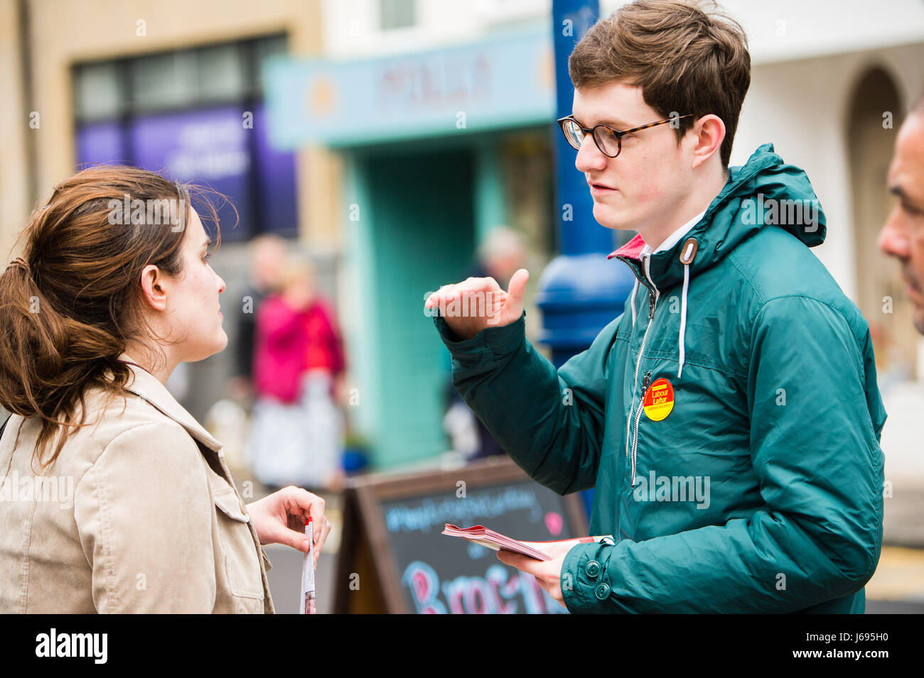 Aberystwyth Wales UK, Saturday 20 May 2017 General Election 2017 : Supporters the Labour Party all out canvassing for votes in Aberystwyth on Saturday 20 May 2017. The Ceredigion constituency is currently held by Mark Williams of the Lib Dems Photo credit: Credit: keith morris /Alamy Live News Stock Photo