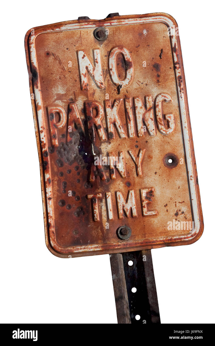 rusty hole parking sign scratch old bullet rusty vertical wise attentive alert Stock Photo