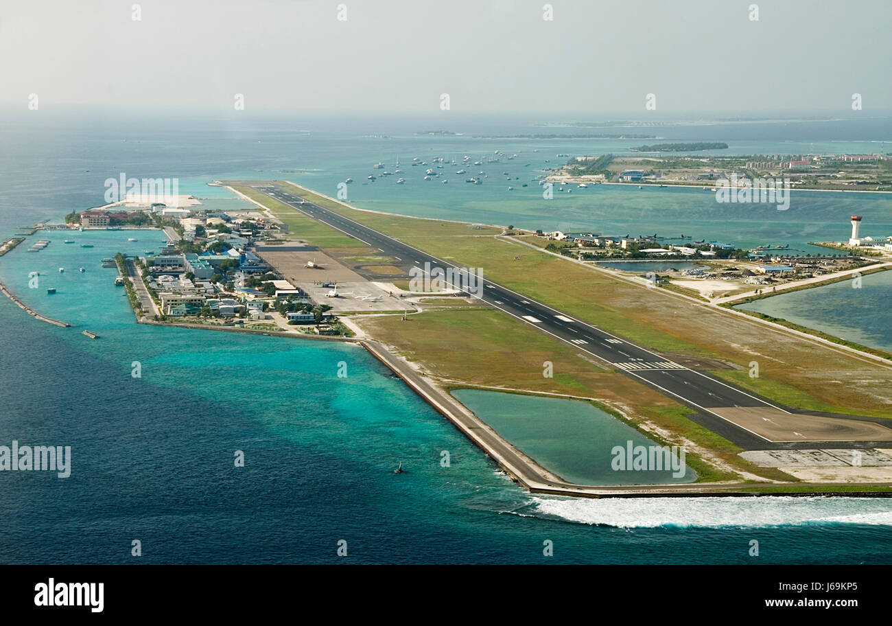 maldives aerial photograph airport houses holiday vacation holidays vacations Stock Photo