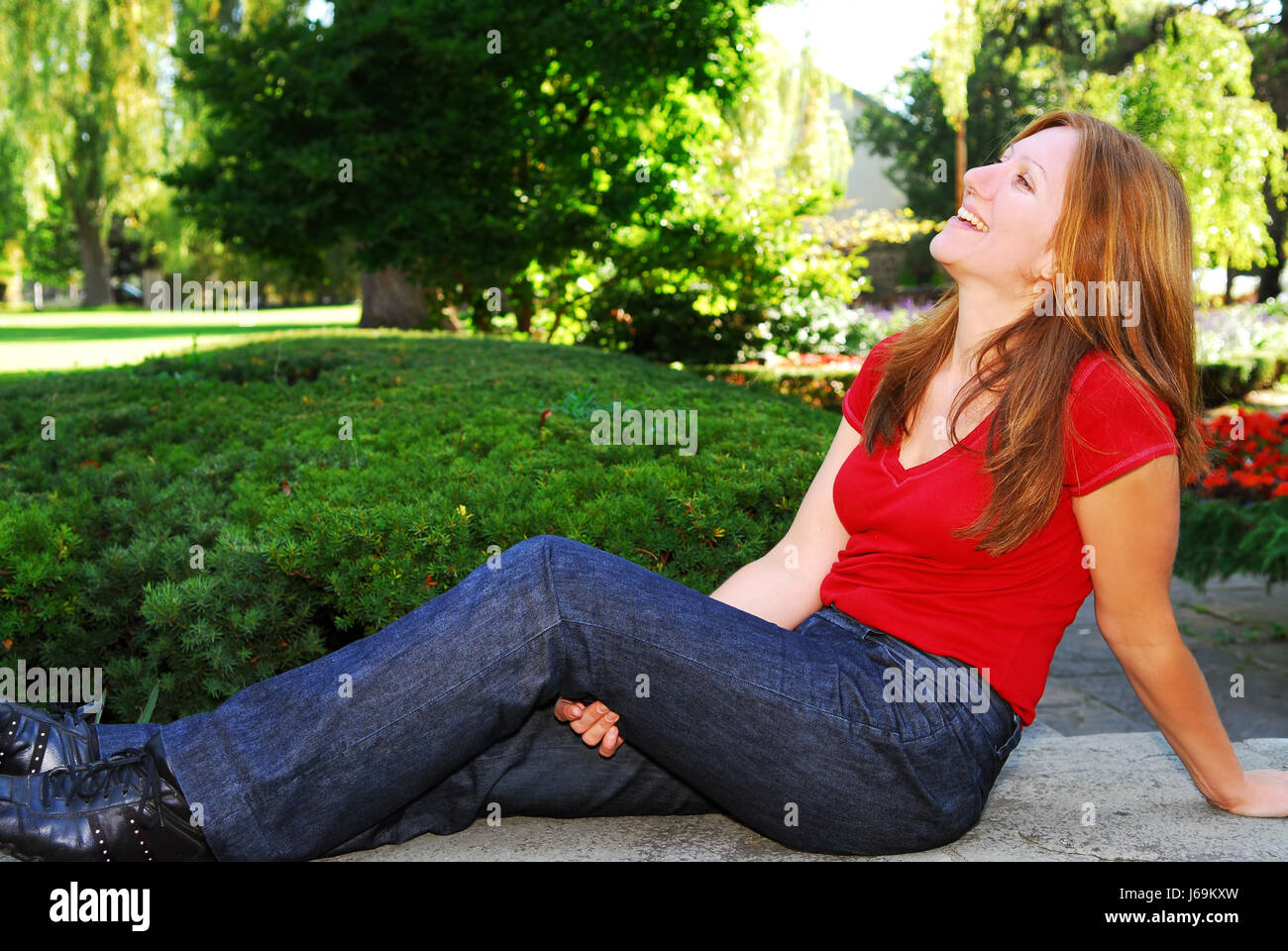 woman middle aged forties facilitate ease resting relax recover relaxing Stock Photo