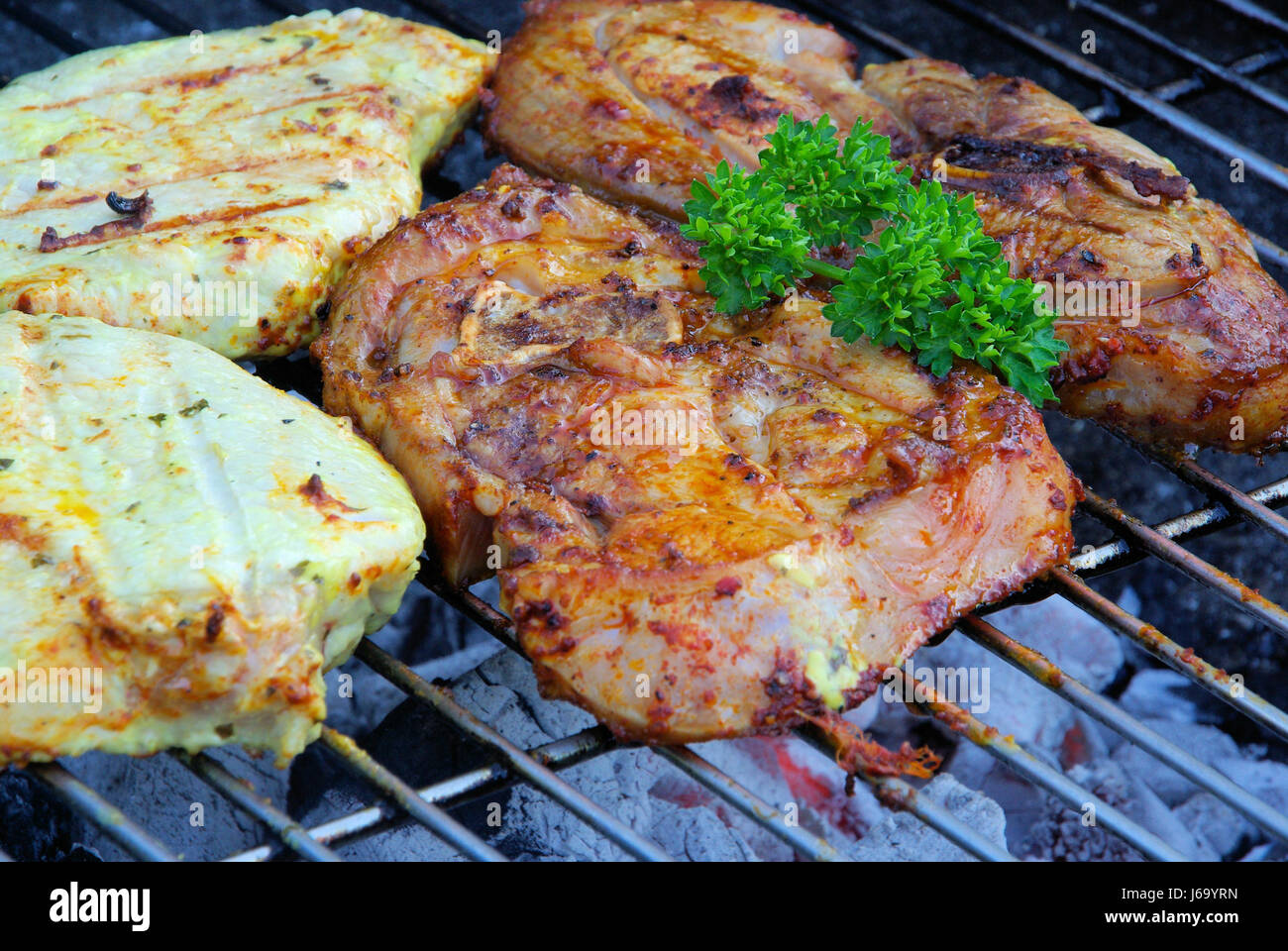 rust grill barbecue barbeque steak pig meat spice green boil cooks boiling Stock Photo