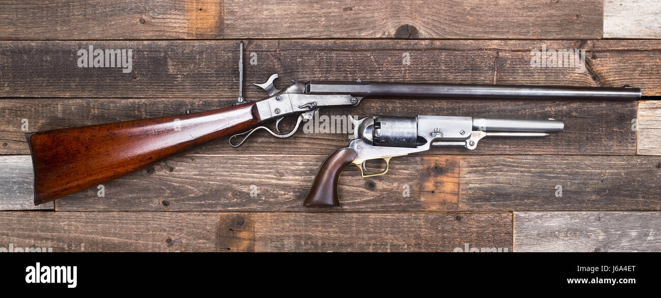 Antique American Civil War era rifle and pistols made from 1847-1863. Stock Photo