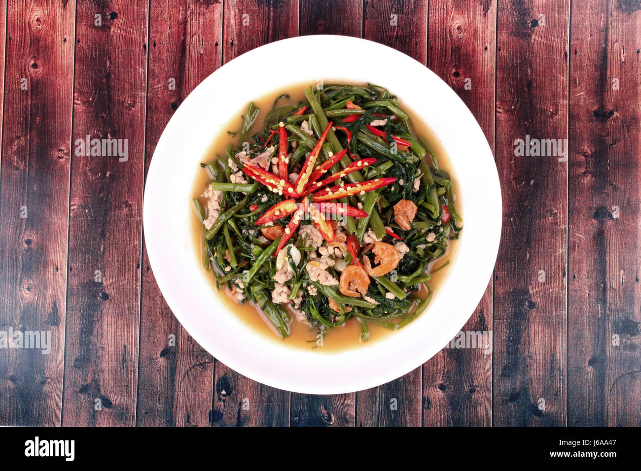 Thai Chinese food,Fried spicy Chinese morning glory with minced pork